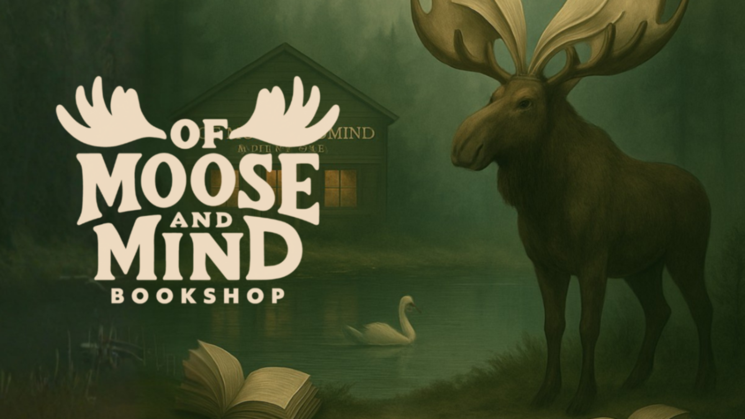 Of Moose and Mind Bookshop - Logo and moose standing in an Adirondak setting.